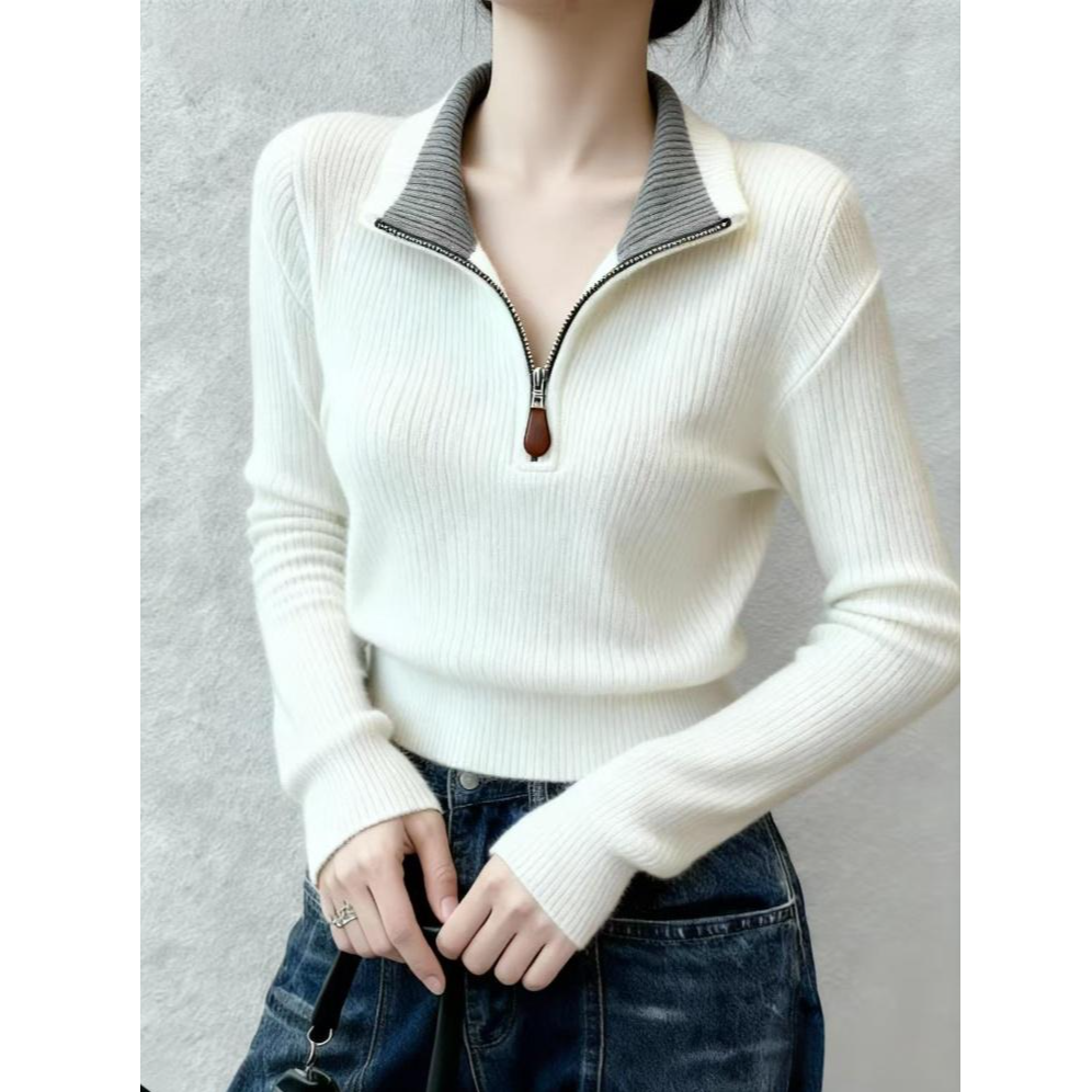 韩系减龄百搭套头上衣女秋冬显瘦拉链翻领针织衫爆款【阿琳穿搭】