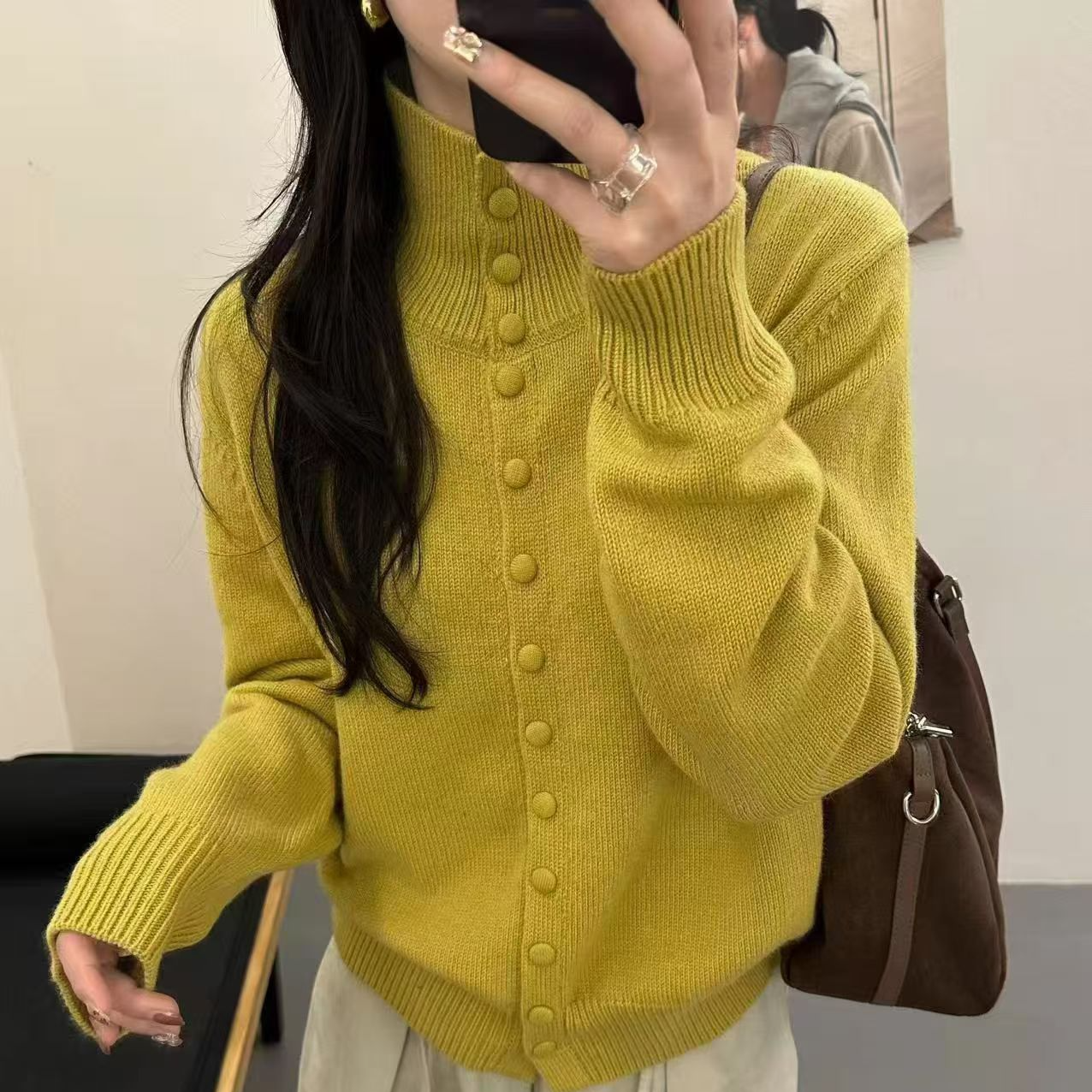 韩系立领毛衣外套女秋冬老钱风穿搭慵懒宽松百搭针织开衫上衣1236