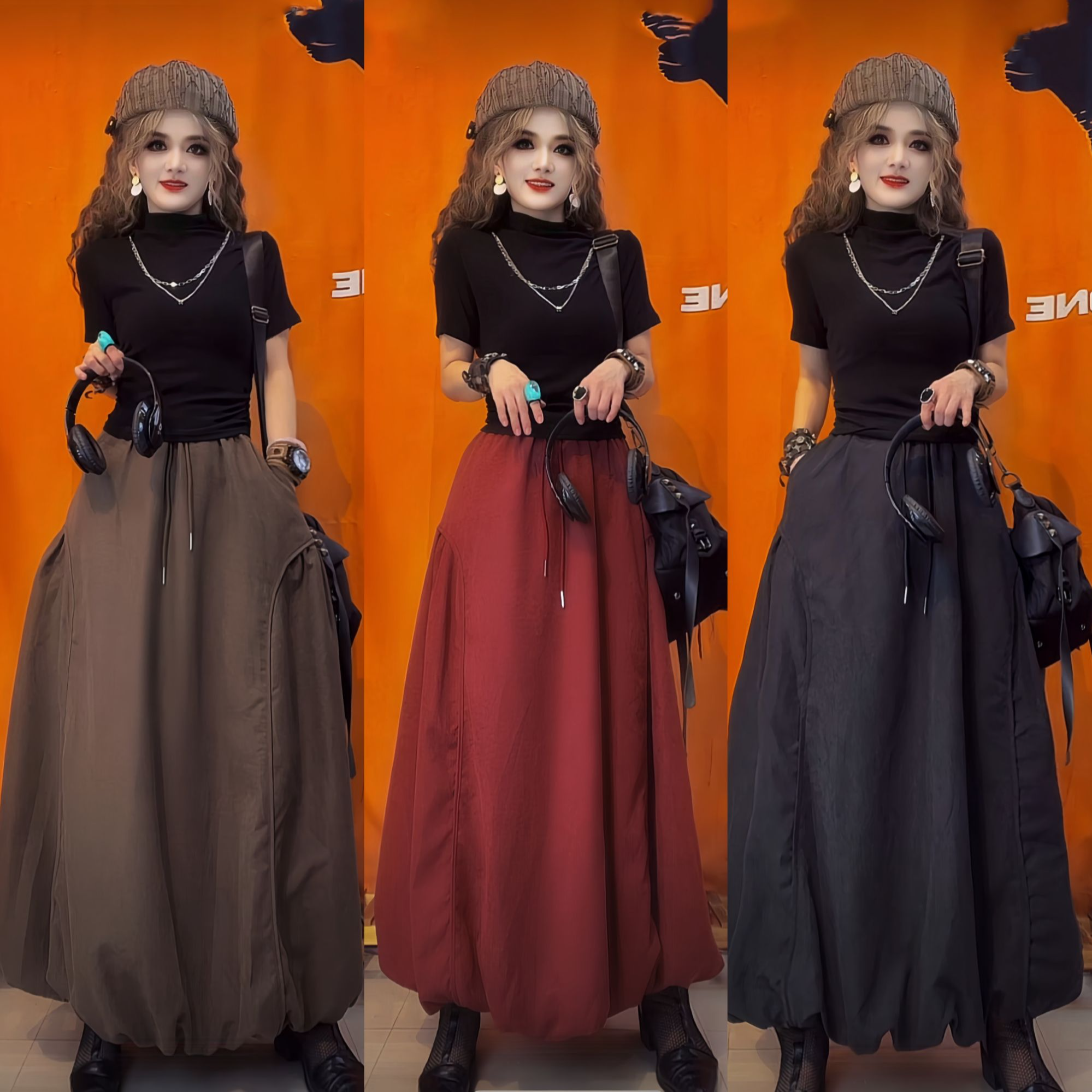 2025秋冬新款花苞半身裙女法式高腰灯笼蓬蓬裙显瘦休闲a字型长裙