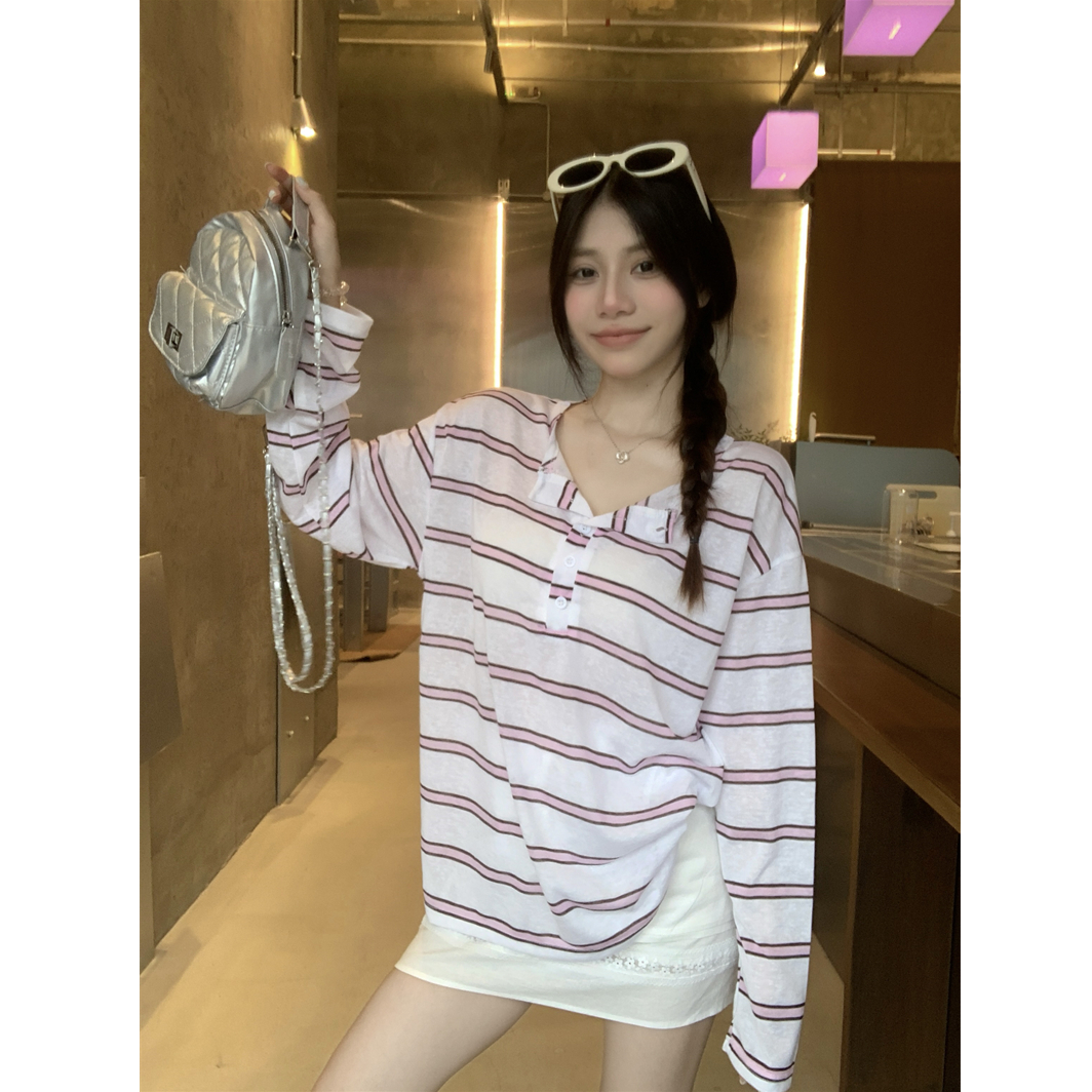 夏日松弛感条纹半开领休闲防晒衫宽松长袖T恤上衣