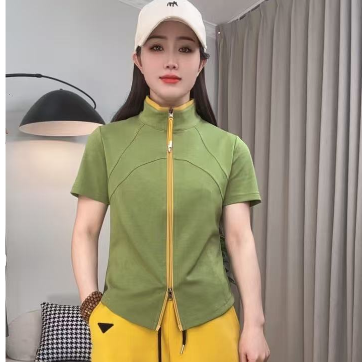 【庄小姐】2516春夏款新款纯色拼接双拉链短袖上衣