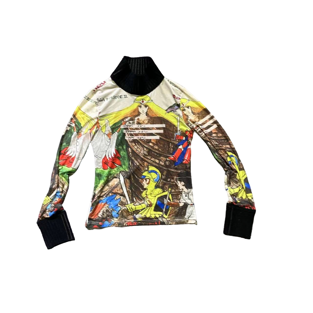 欧货时尚网纱印图高领打底