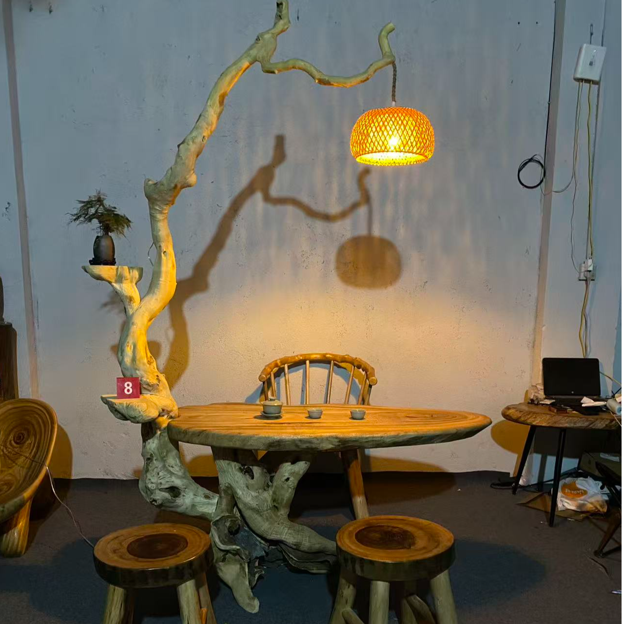 香樟木原木诧寂风茶台茶桌随形意境氛围灯台茶台茶室茶几手工