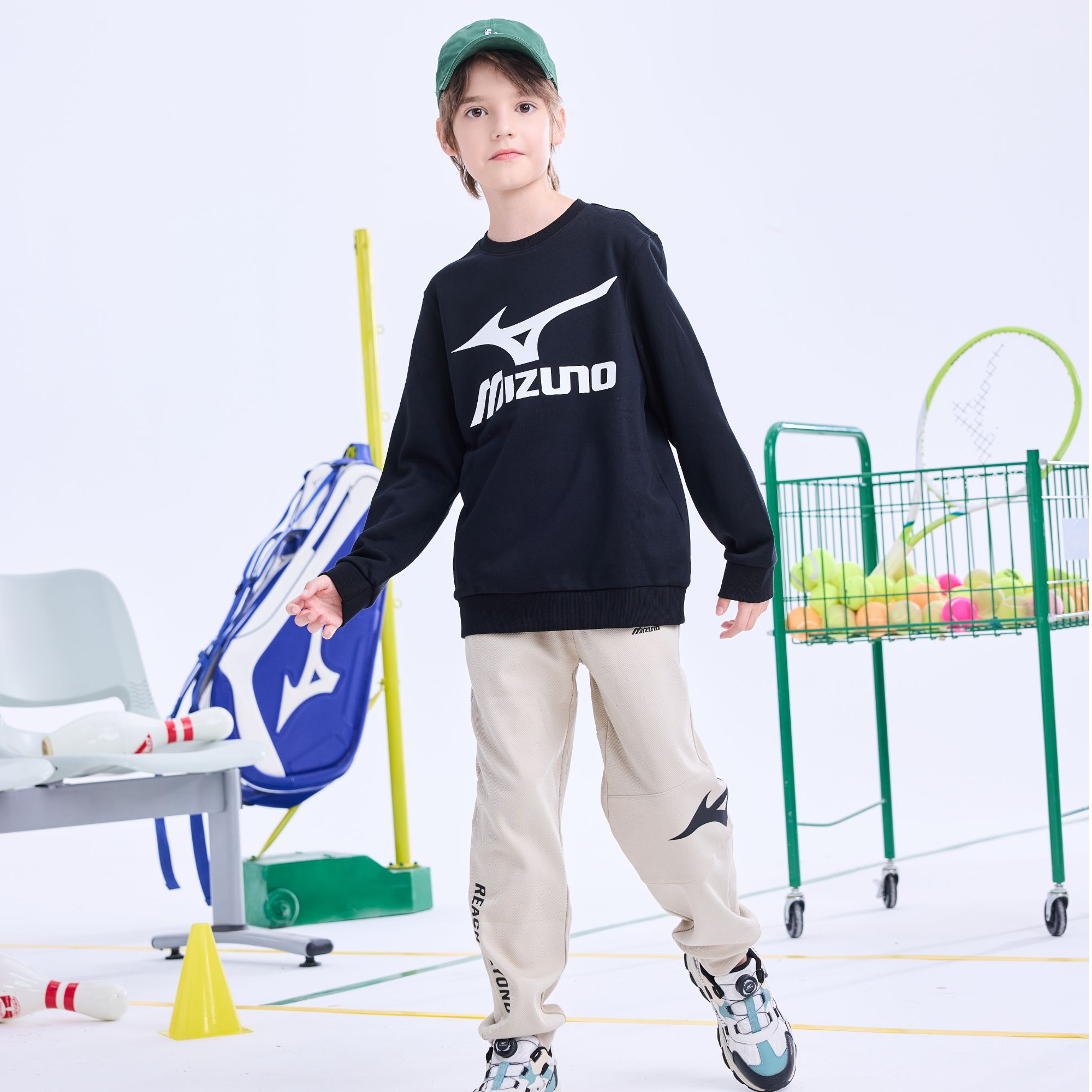 美津浓儿童套装春秋新款男女中大童长袖卫衣卫裤针织户外运动套装