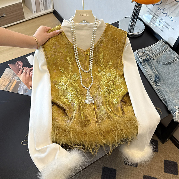 新中式国风马甲缎面提花坎肩背心秋冬夹棉刺绣外套鸵鸟毛女款马夹