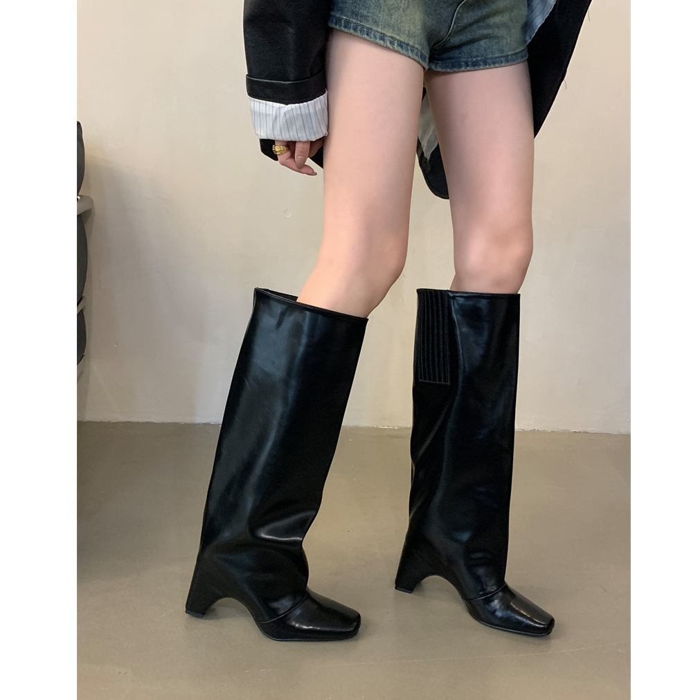 小众方头粗跟真皮高筒裤管靴炸街辣妹增高白色不过膝长靴骑士靴