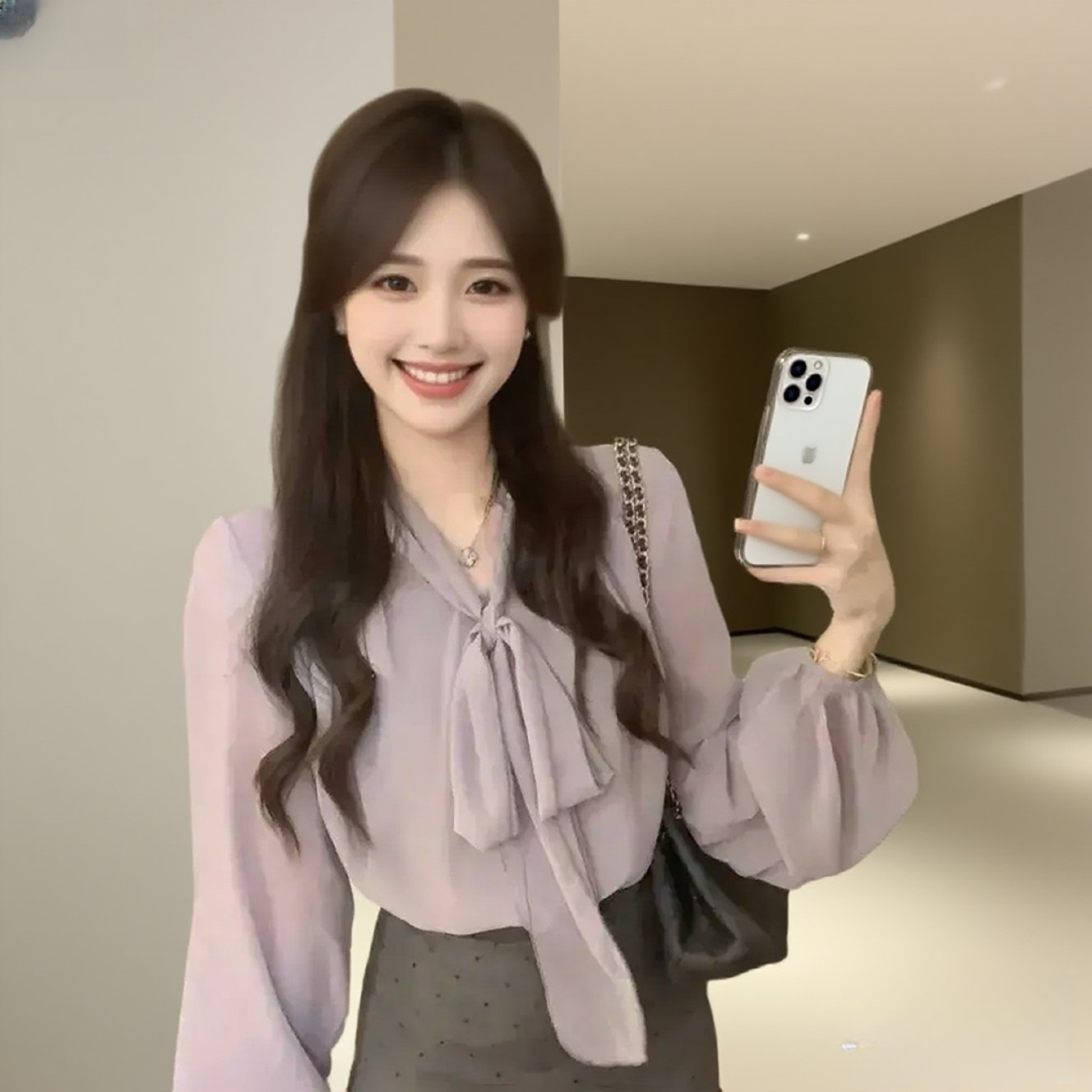 蝴蝶结绑带灯笼长袖衬衫女2025早秋新款气质紫色衬衣上衣【5338】