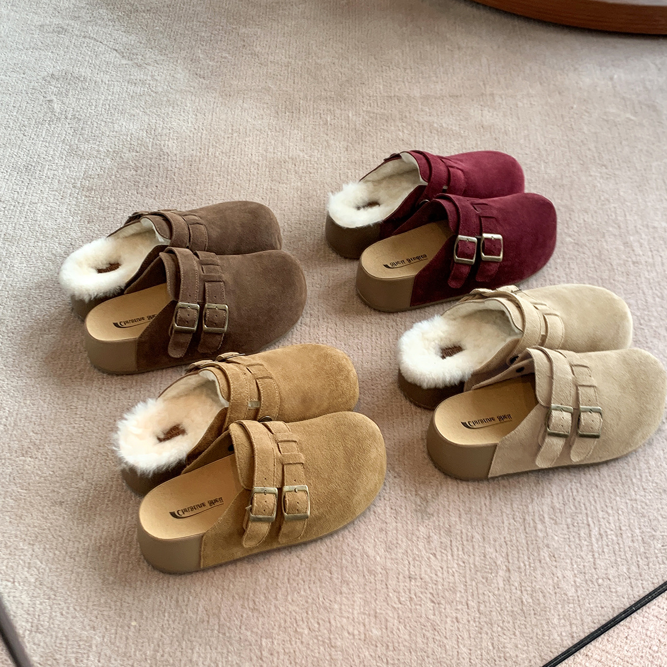 2025秋冬新款厚底牛反绒包头懒人勃肯毛毛半拖休闲博肯鞋复古软底