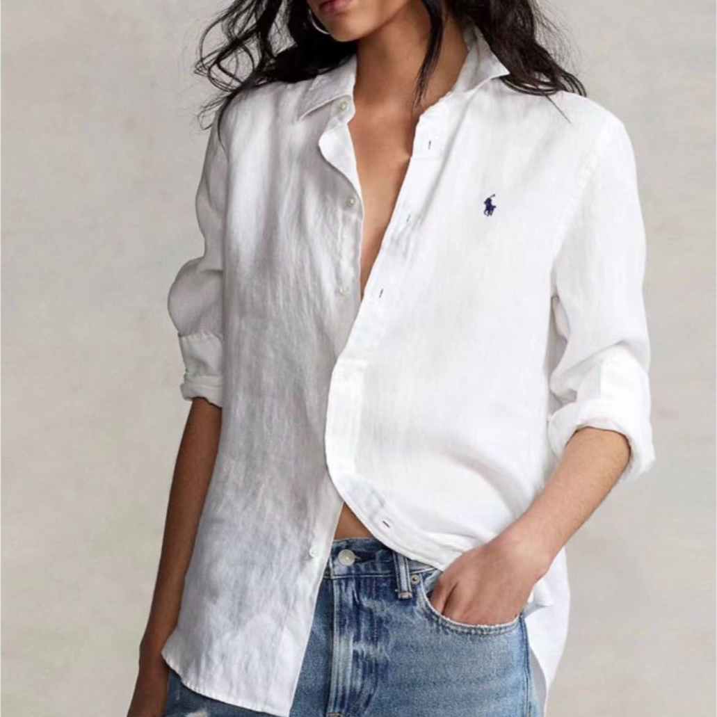 100法国亚麻宽松防晒老钱风高级感刺绣点缀轻奢透气衬衫 240302