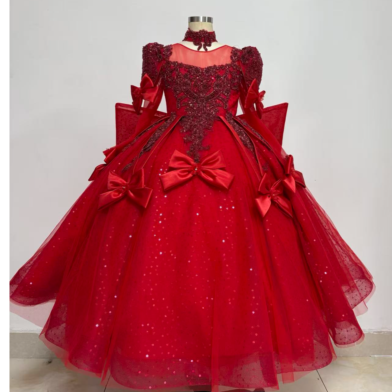 【蝶梦】纯色女连衣裙女童公主裙春秋红色轻奢气质晚礼服