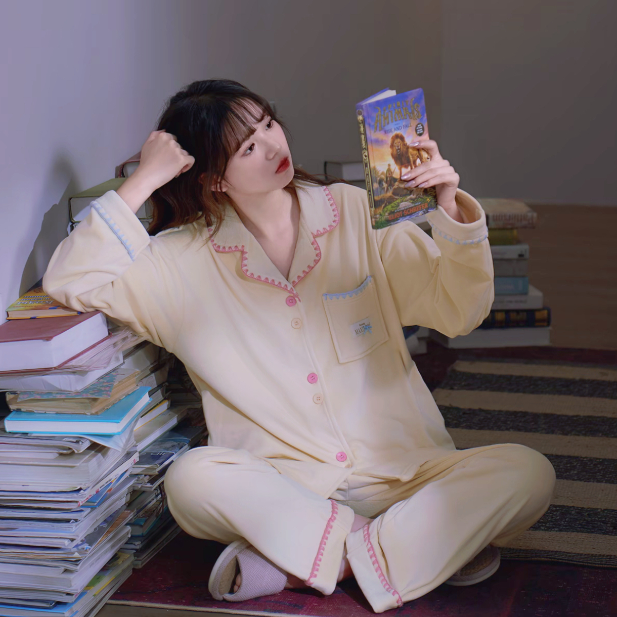 95-秋冬季女款奶黄蝴蝶结拼色海岛绒开衫长袖长裤家居服套装