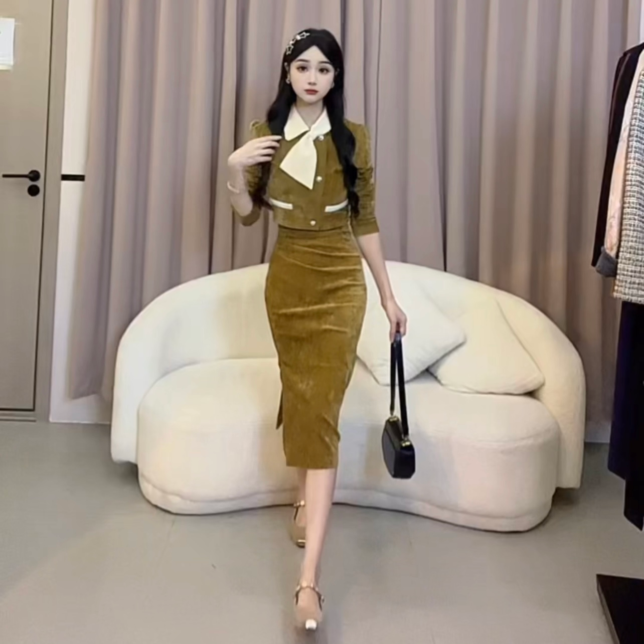 【蛋蛋】秋季轻熟复古洋气法式女神修身两件套名媛连衣裙YYMYF52948