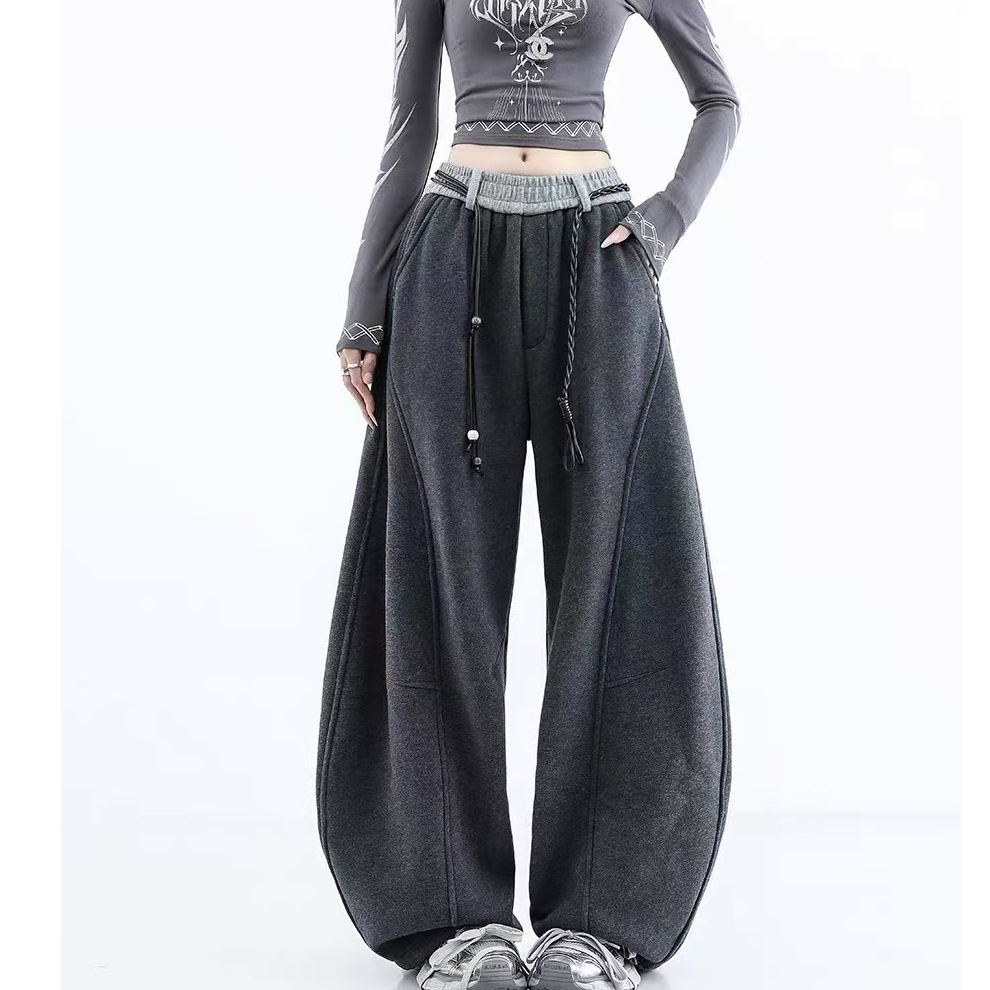 【深冬之温】冬季加绒带腰绳韩版潮流弯刀裤女休闲百搭卫裤3355