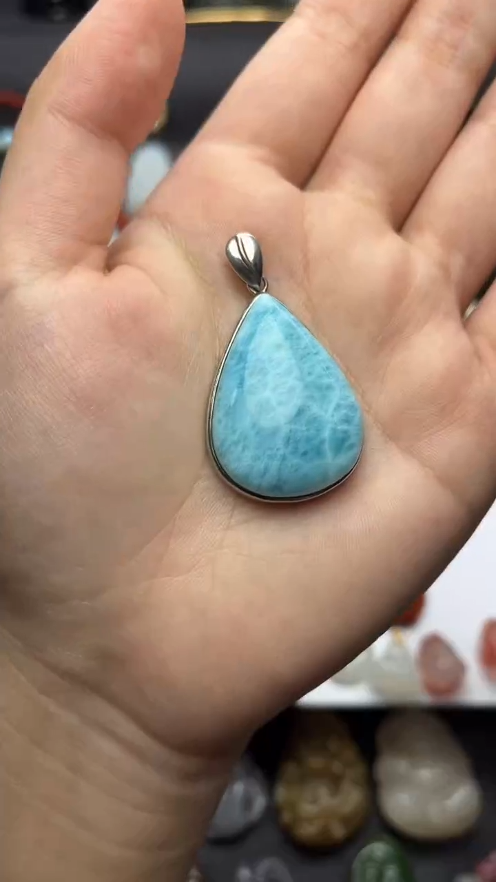 银S925镶嵌针钠钙石（海纹石）颈饰水滴