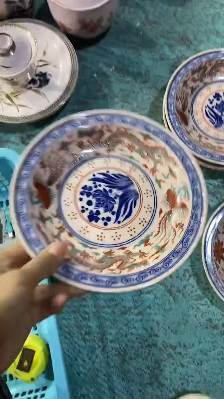 摆件瓷红稀土红绿釉龙凤7.5寸深盘