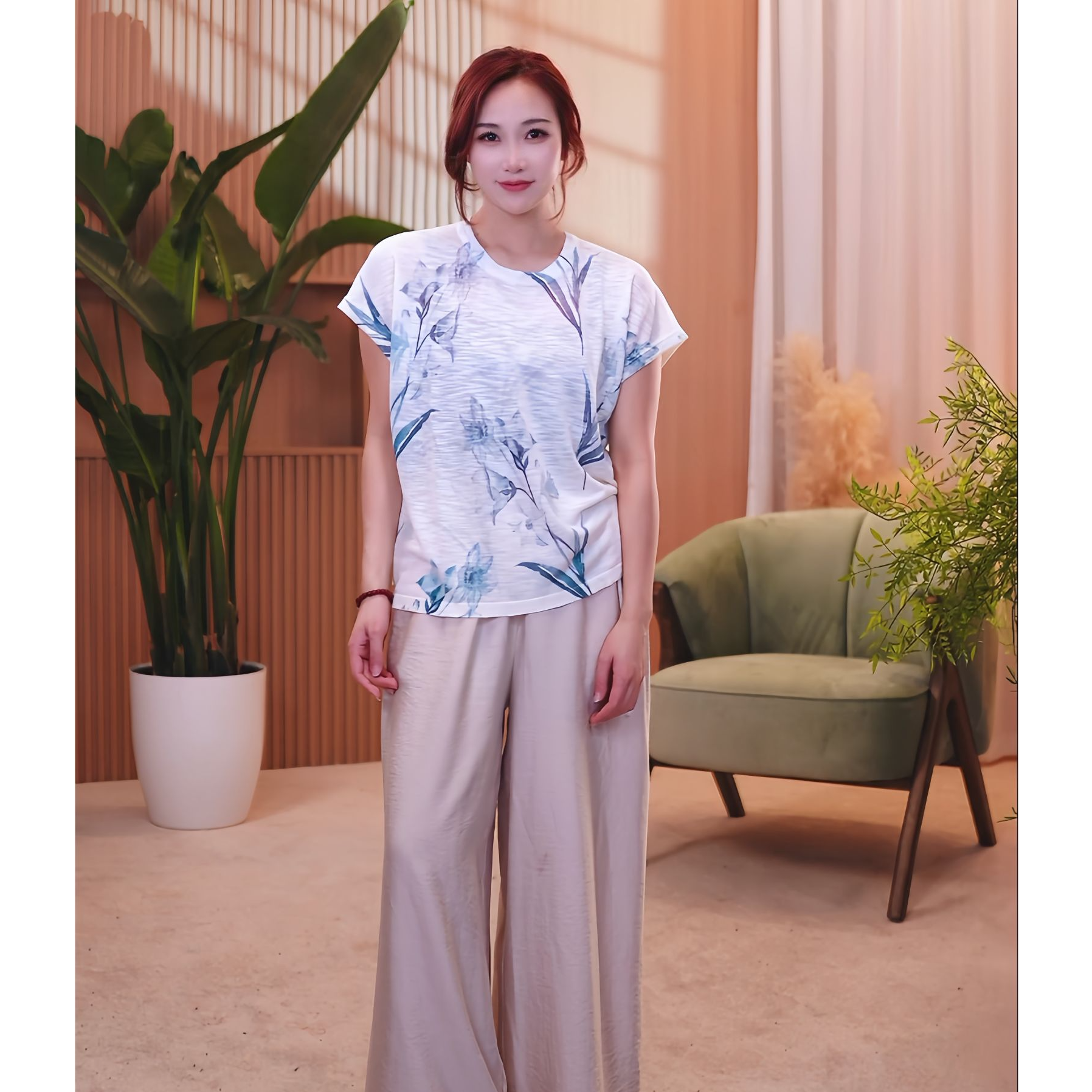 竹节亚麻薄款T恤 时尚休闲飞机袖上衣 夏季新款透气短袖 气质女人