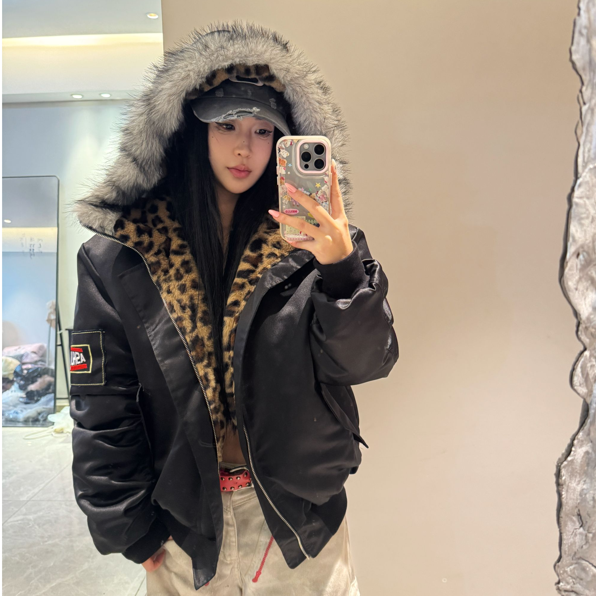 ASK【豹纹连帽毛领棉服】美式重磅飞行夹克外套服男女情侣秋冬