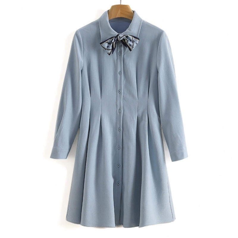 【开播福利】碎花丝巾单排扣修身长袖连衣裙#QBY48L015