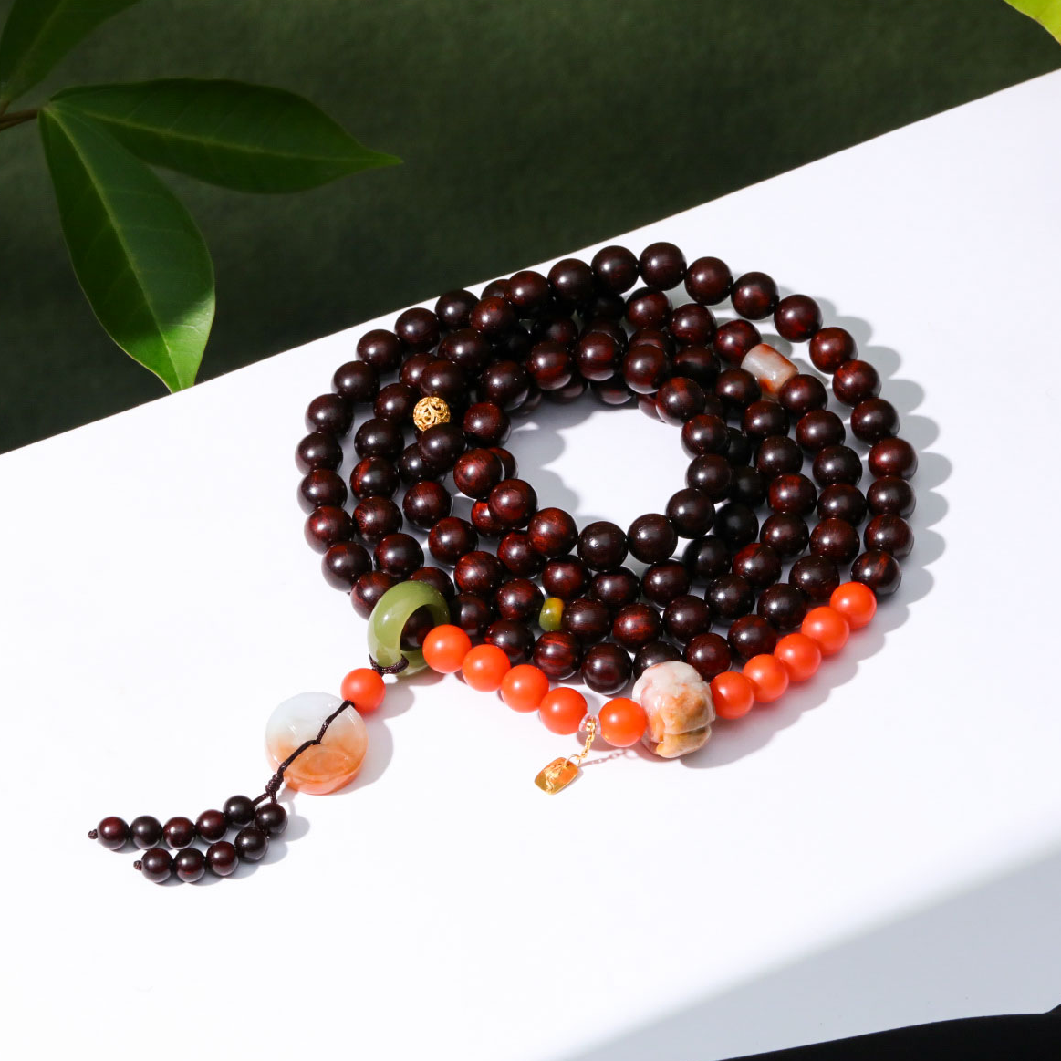 【意婵】《沐色景》双12-8mm18k金108珠小叶紫檀南红翡翠和田玉916610