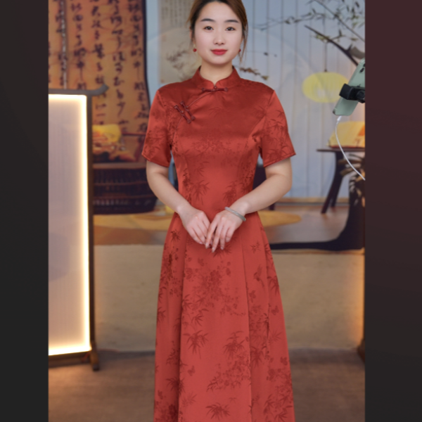 GUXI/故汐旗袍提花长款国风改良复古常规夏季修身日常气质