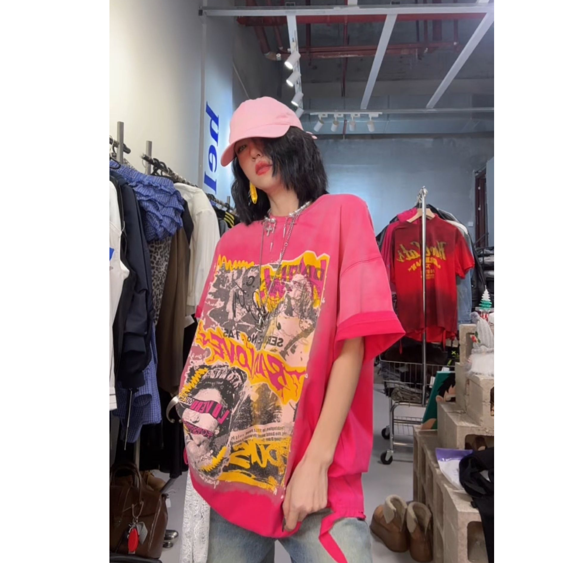 奇奇家 十三行 热点原创美式复古 蓝粉大版T恤