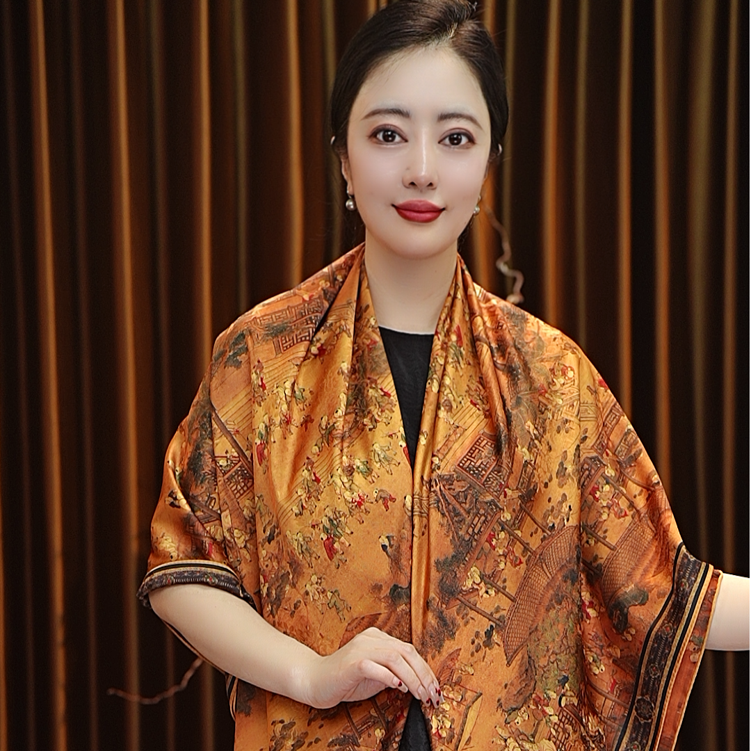 【百子图】140*140花螺大方巾围巾女士丝巾双面戴古风百搭显气质