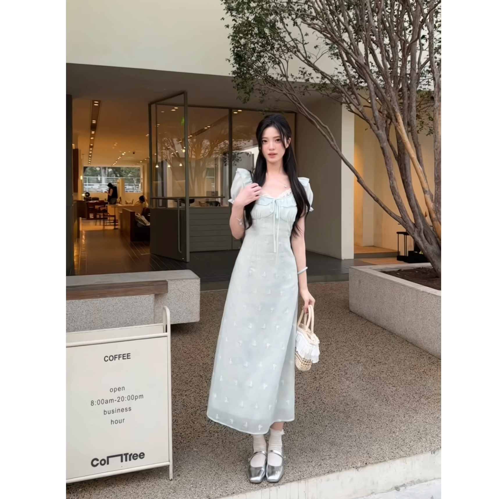 瞌睡兔定制【清苍-小城故事】法式蕾丝拼接绣花显瘦连衣裙2510008