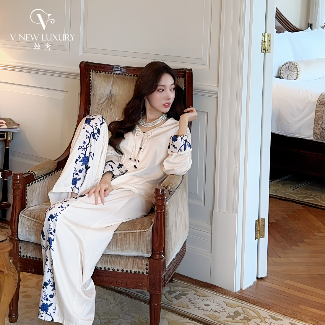 秋季新中式中国风丝棉透气睡衣女早秋家居服套装V7T3260