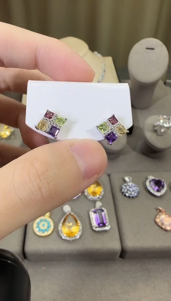 银S925镶嵌耳饰水晶10mm耳钉多彩宝