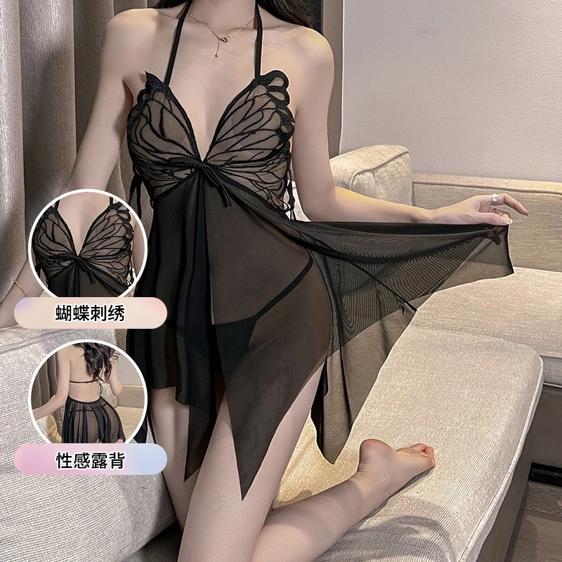 【80-200斤】夏季内衣露背蝴蝶挂脖吊带睡裙睡衣性感纯欲风睡衣.