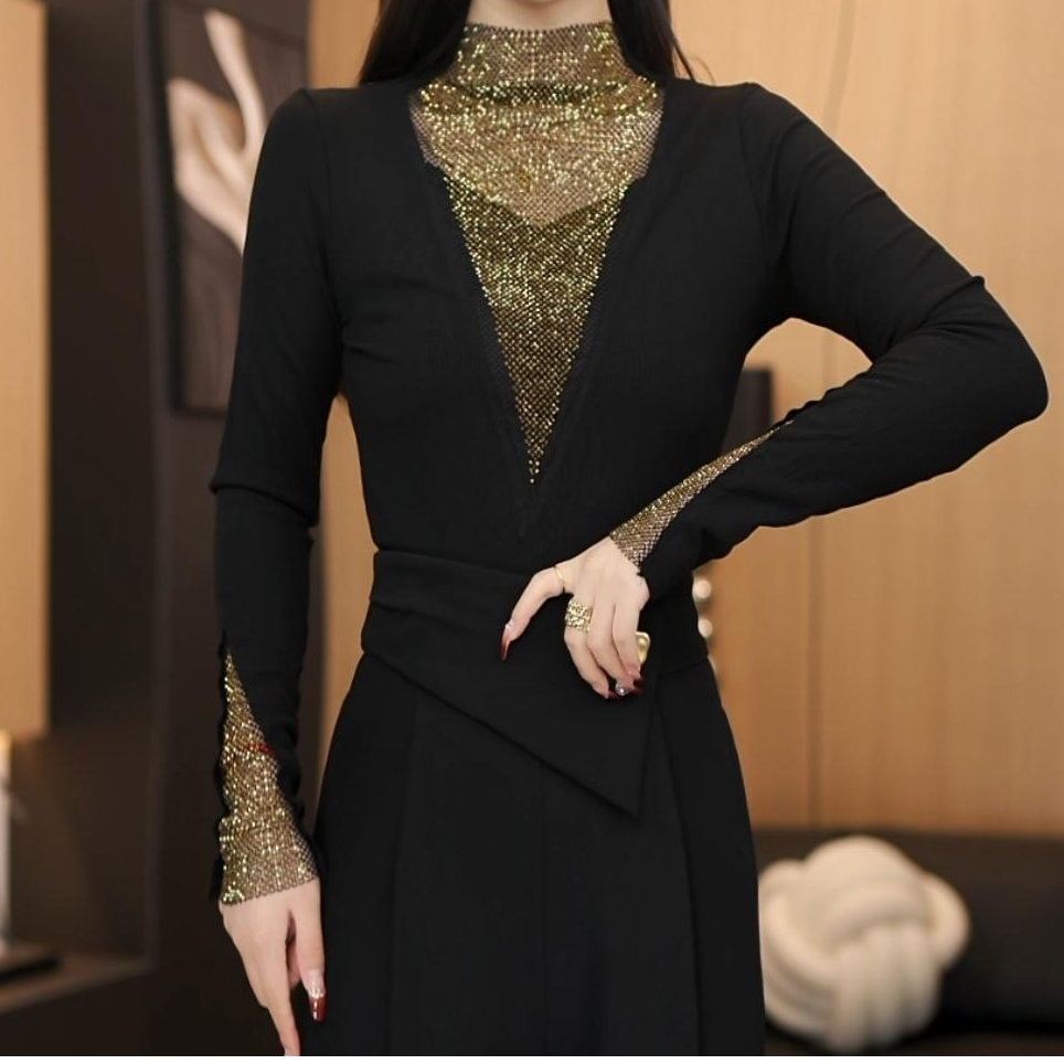 【 冬季新款】新中式重工烫钻古韵厚款打底衫半高领长袖3231