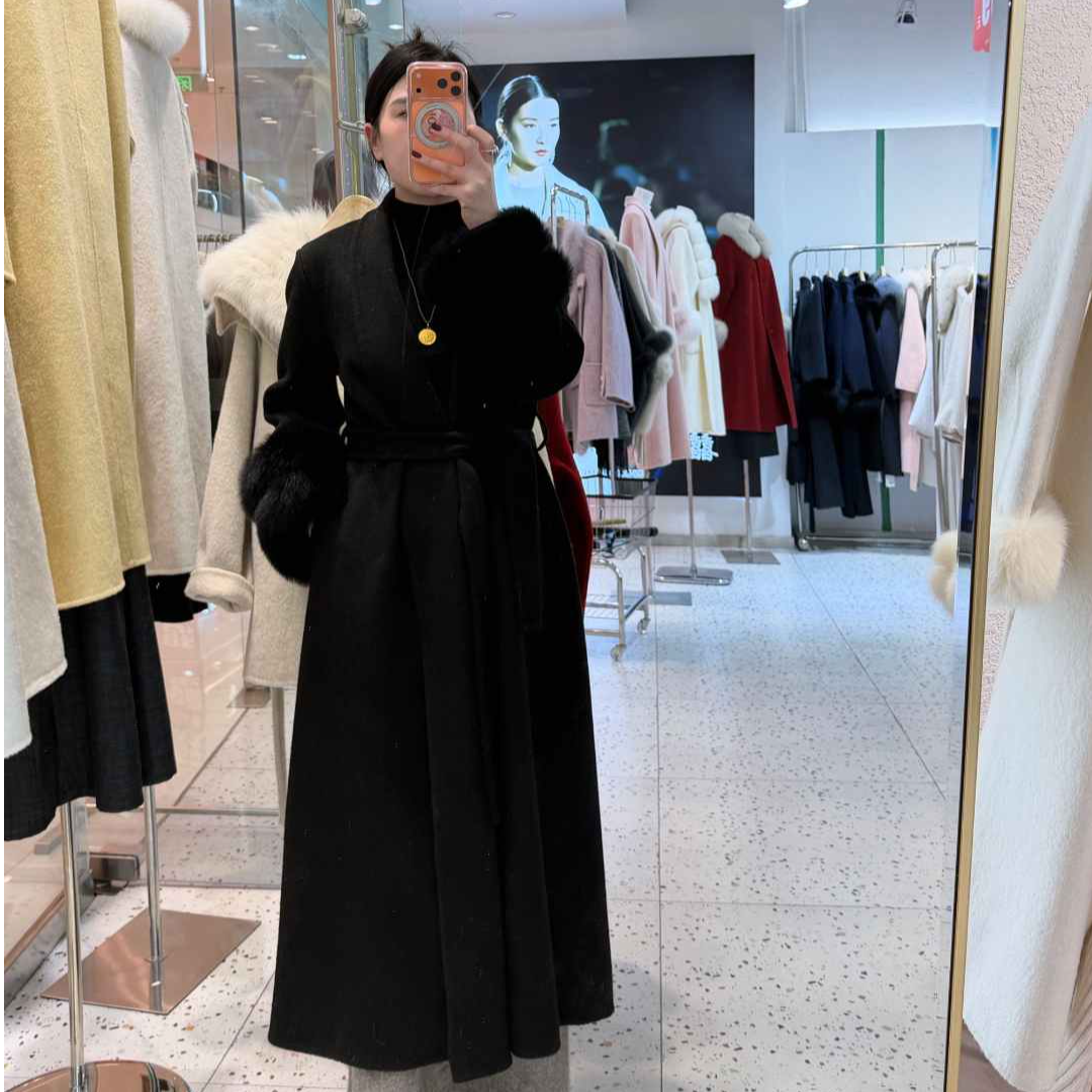 2026高级感浴袍款双面羊绒大衣长款修身羊毛呢大衣双层狐狸毛袖
