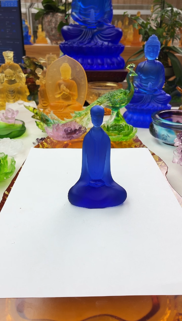 手工艺品琉璃蓝色无相小茶宠摆件12*7公分