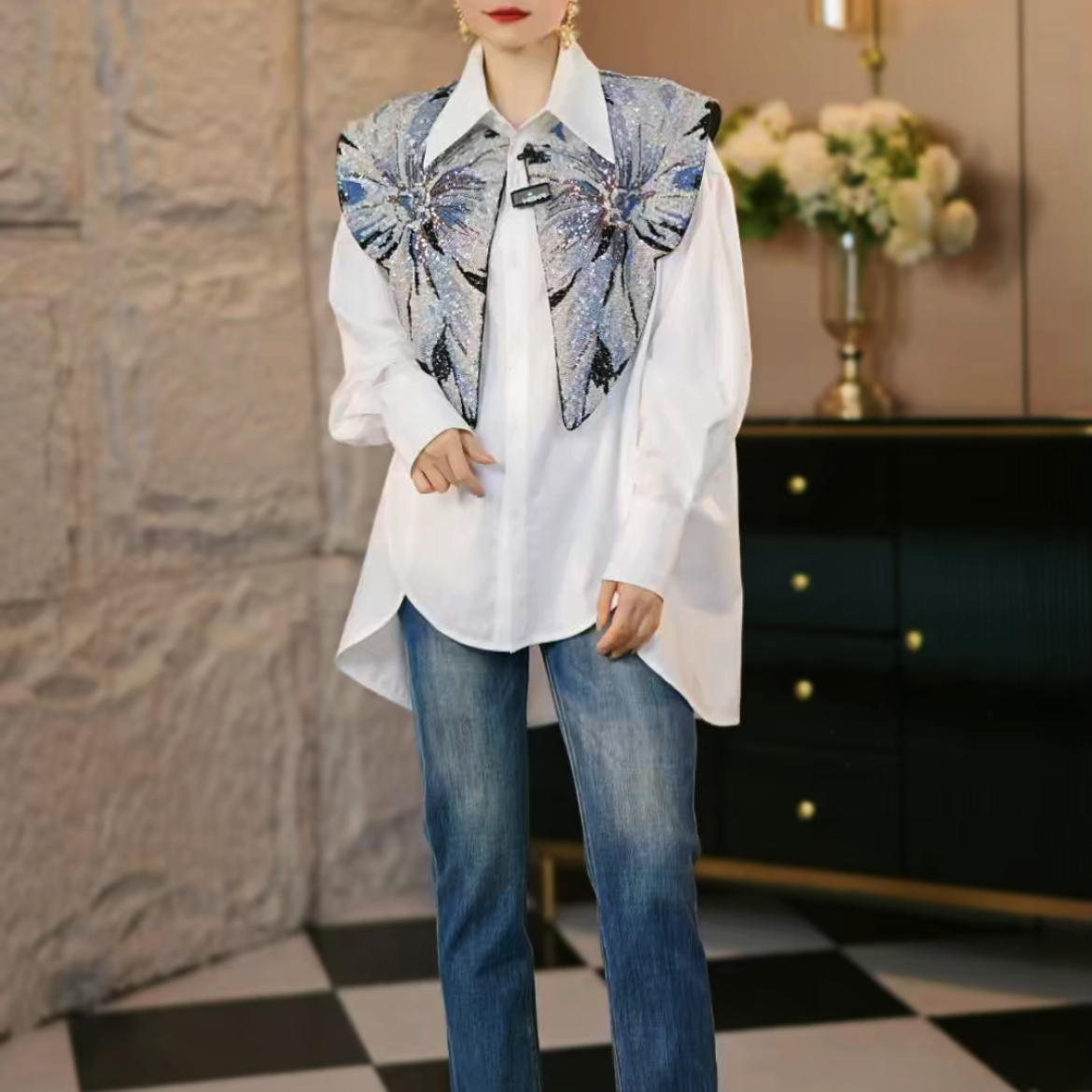 原创麦子设计双生花珠片定位披肩时尚百搭气质云肩轻奢高级披肩80