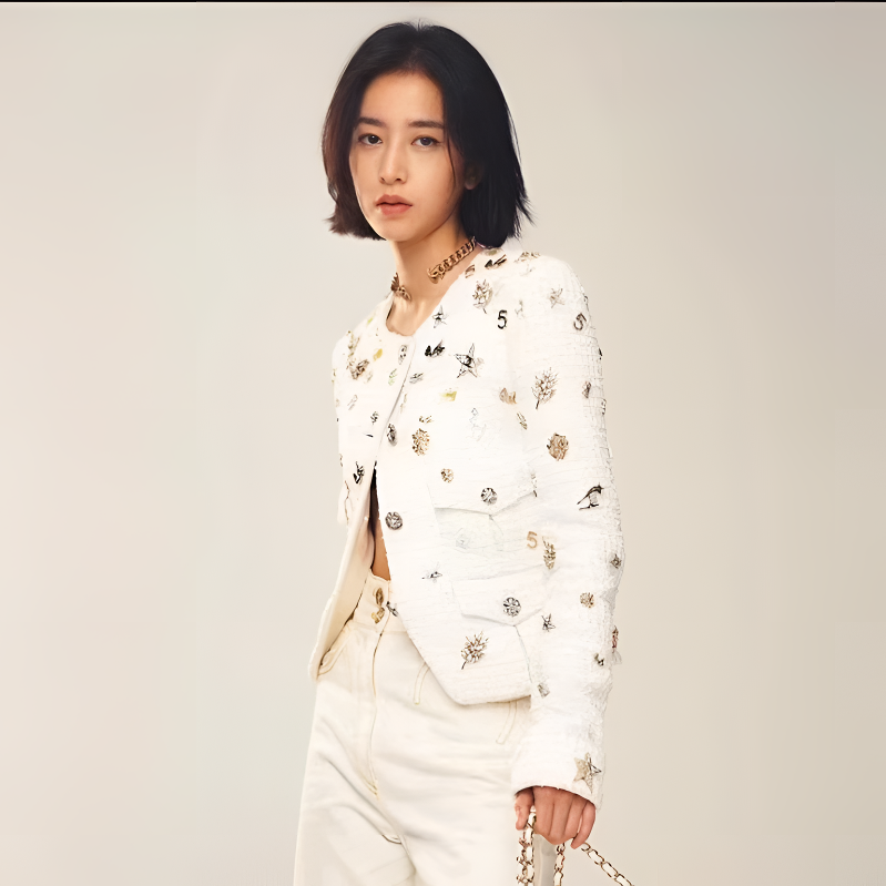 95新 Chanel/香奈儿 白色四口袋满徽章粗花呢外套/f38/编号0578