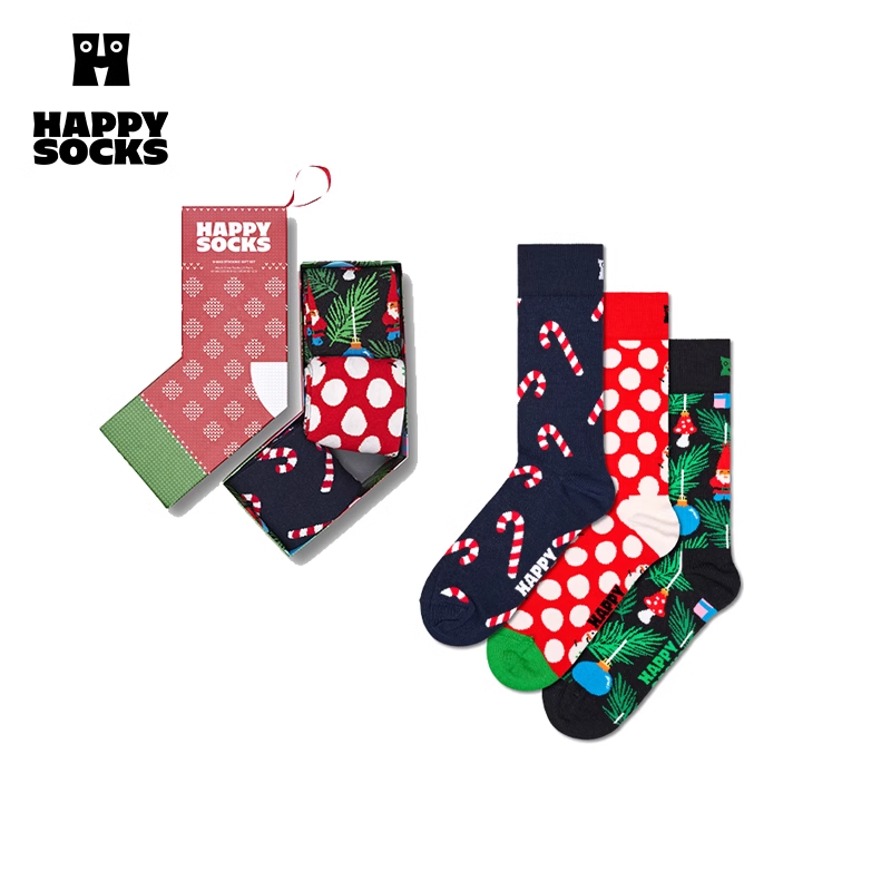【圣诞树下礼盒3双装】HappySocks 秋冬礼物中筒袜3双装礼盒