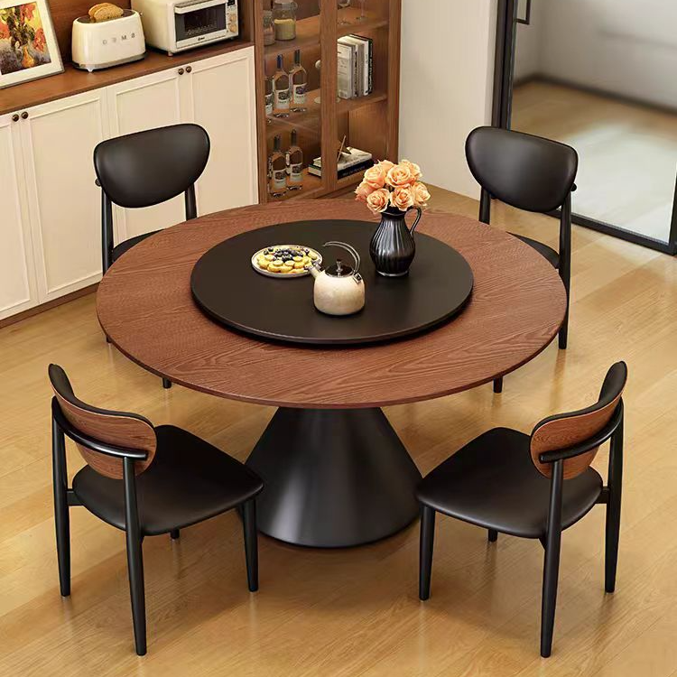 中古风实木餐桌椅组合旋转圆盘客厅家用小户型圆形实木大板饭桌子