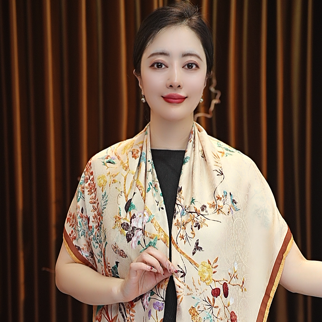 【鸟语花香】110*110浣溪沙大方巾围巾女士披肩百搭双面戴中国风