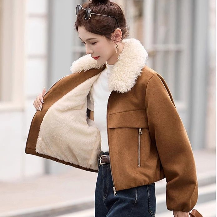 短款女毛领保暖加绒慵懒风短外套宽松百搭冬季加厚