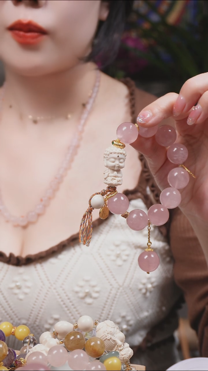 猛犸牙粉晶银S925镶嵌水晶手链