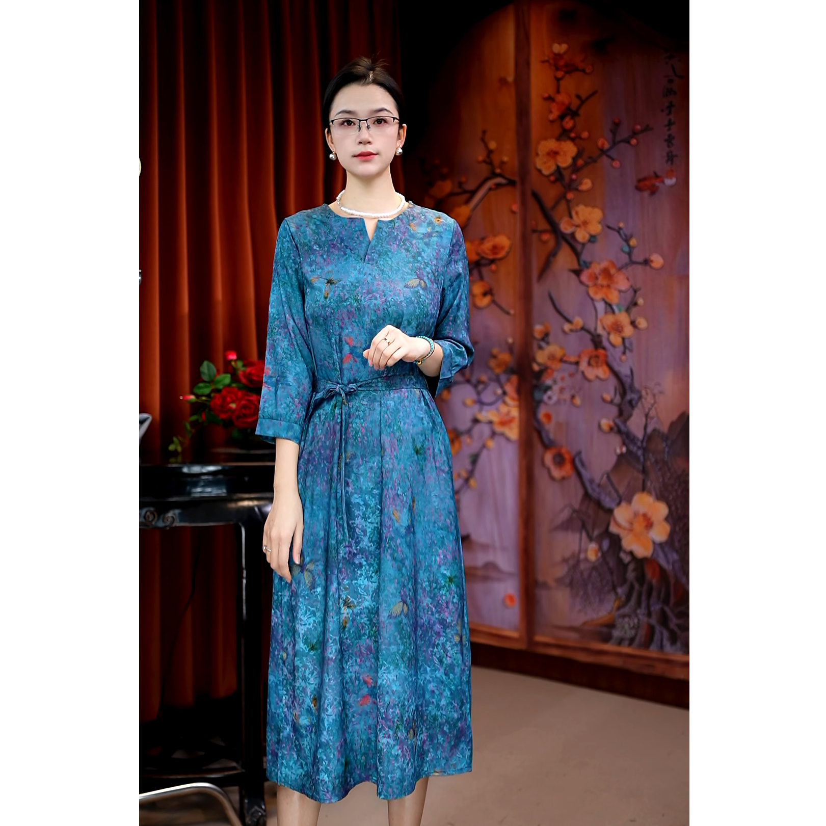 （清风花）休闲风长裙中长款碎花中老年女装复古时尚提花女装