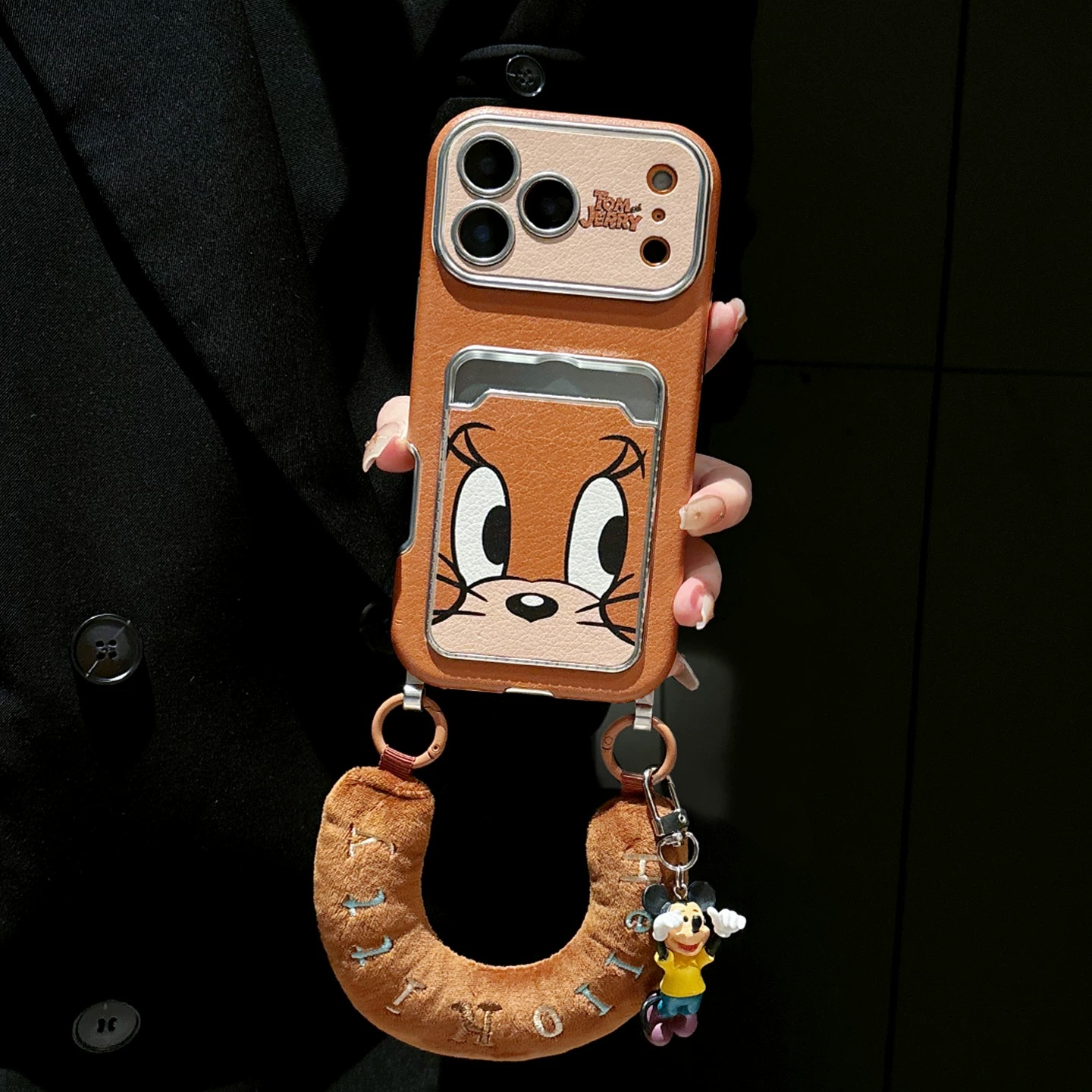 卡通皮纹插卡老鼠适用苹果17promax手机壳iPhone16pro米奇15pro新