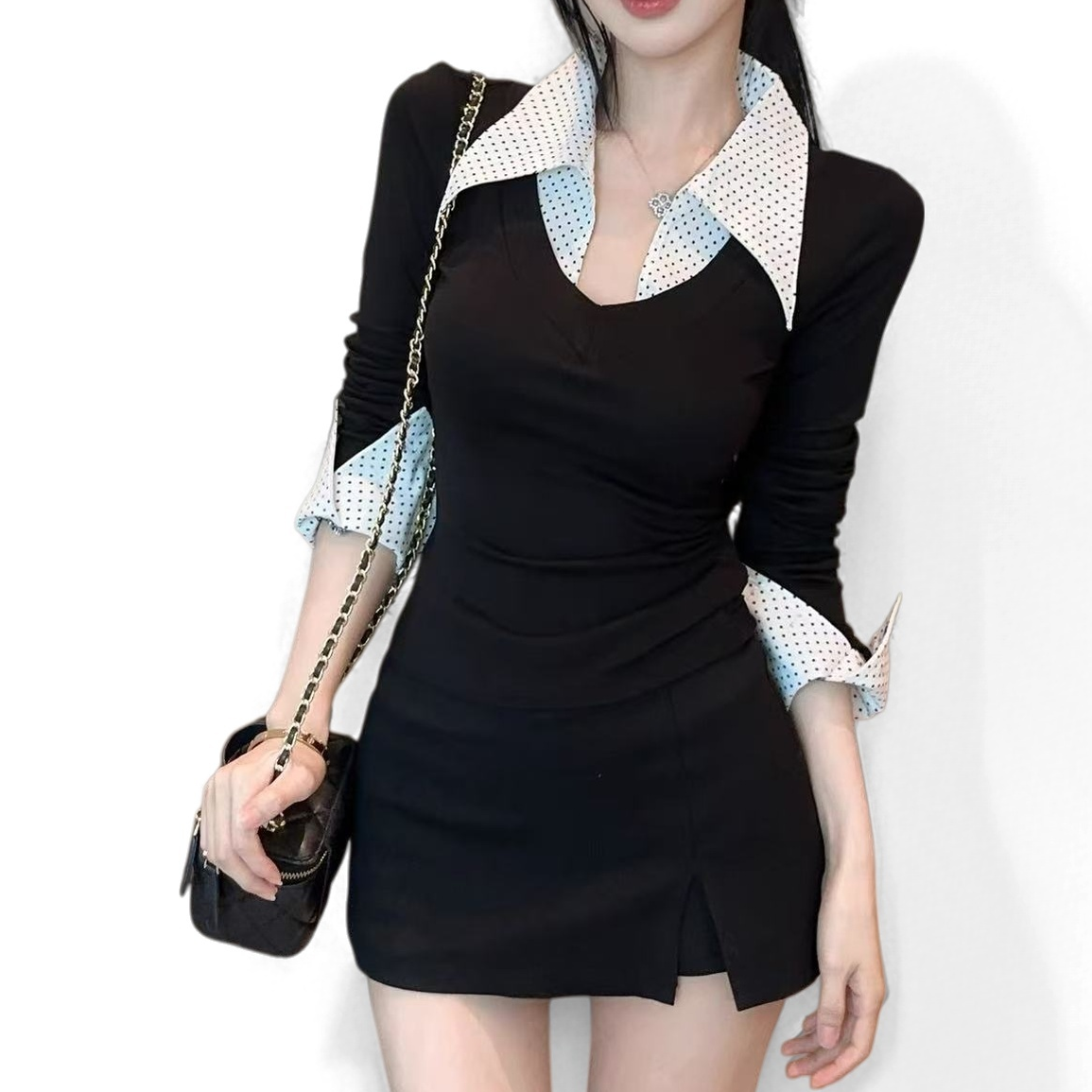 有莱头家假两件polo领波点加绒打底衫内搭巨好看t恤