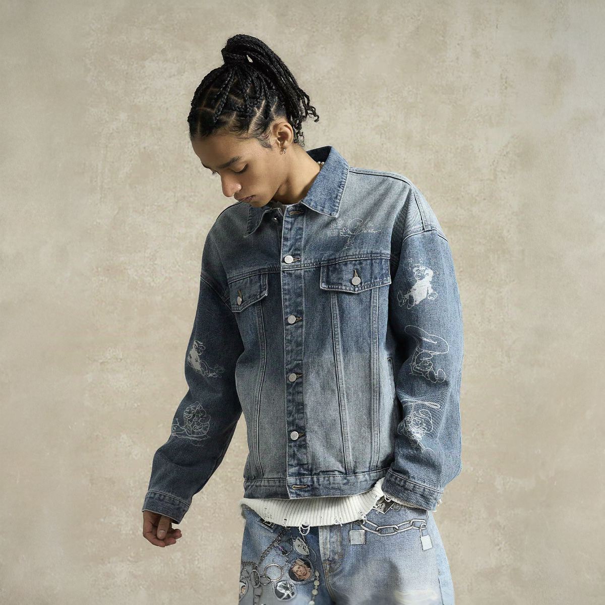 BONELESS联名款蓝精灵线稿牛仔夹克翻领洗水工装上衣宽松潮牌外套