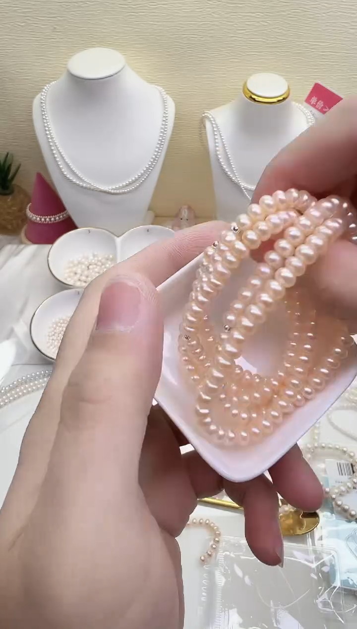 银S925镶嵌手链淡水珍珠粉色算盘珠5-6mm