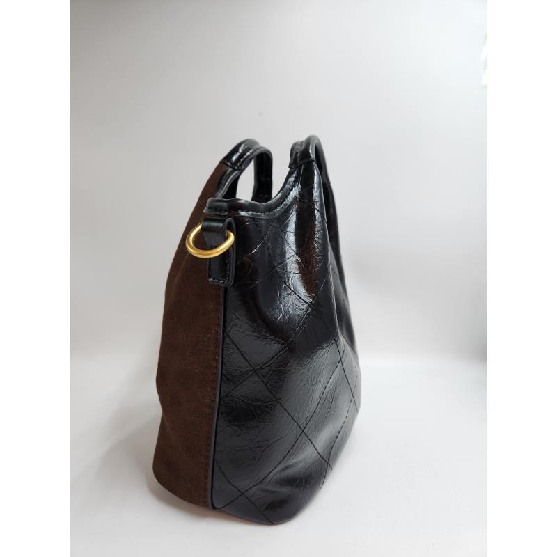 LQ-WITH-QUEEN真皮女包风小菜包石木色拼黑色-0713