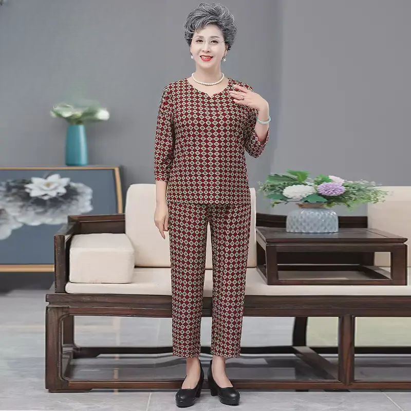 F508中老年女夏装新款套装两件套短袖奶奶恤老年妈妈衣服老