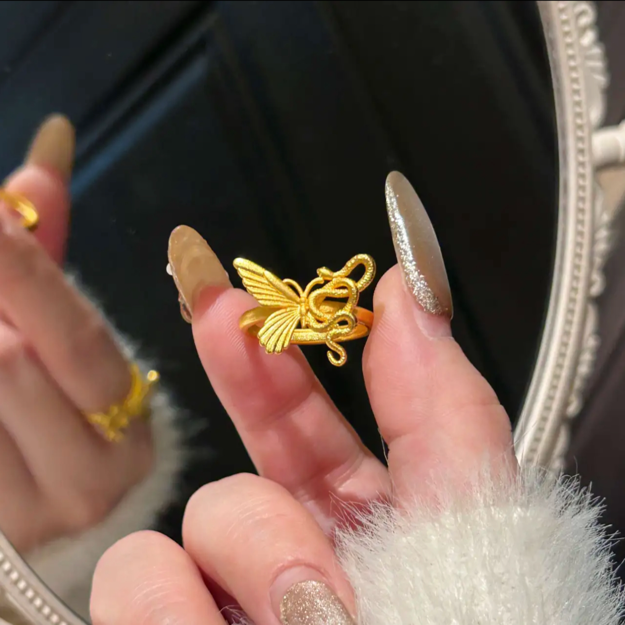 铜合金戒指 古法灵蛇蝴蝶戒指蛇缠蝶指环蛇生肖本命年小众设计