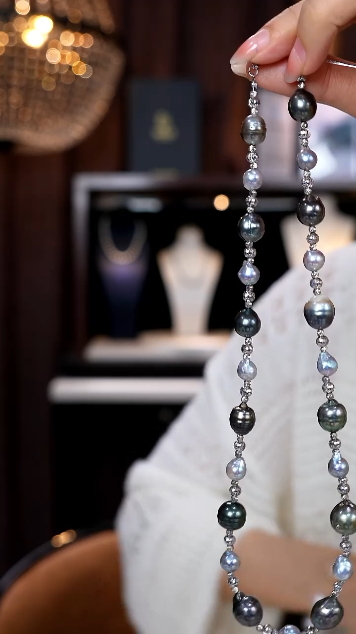 银S925镶嵌项链海水珍珠大溪地9-11mm