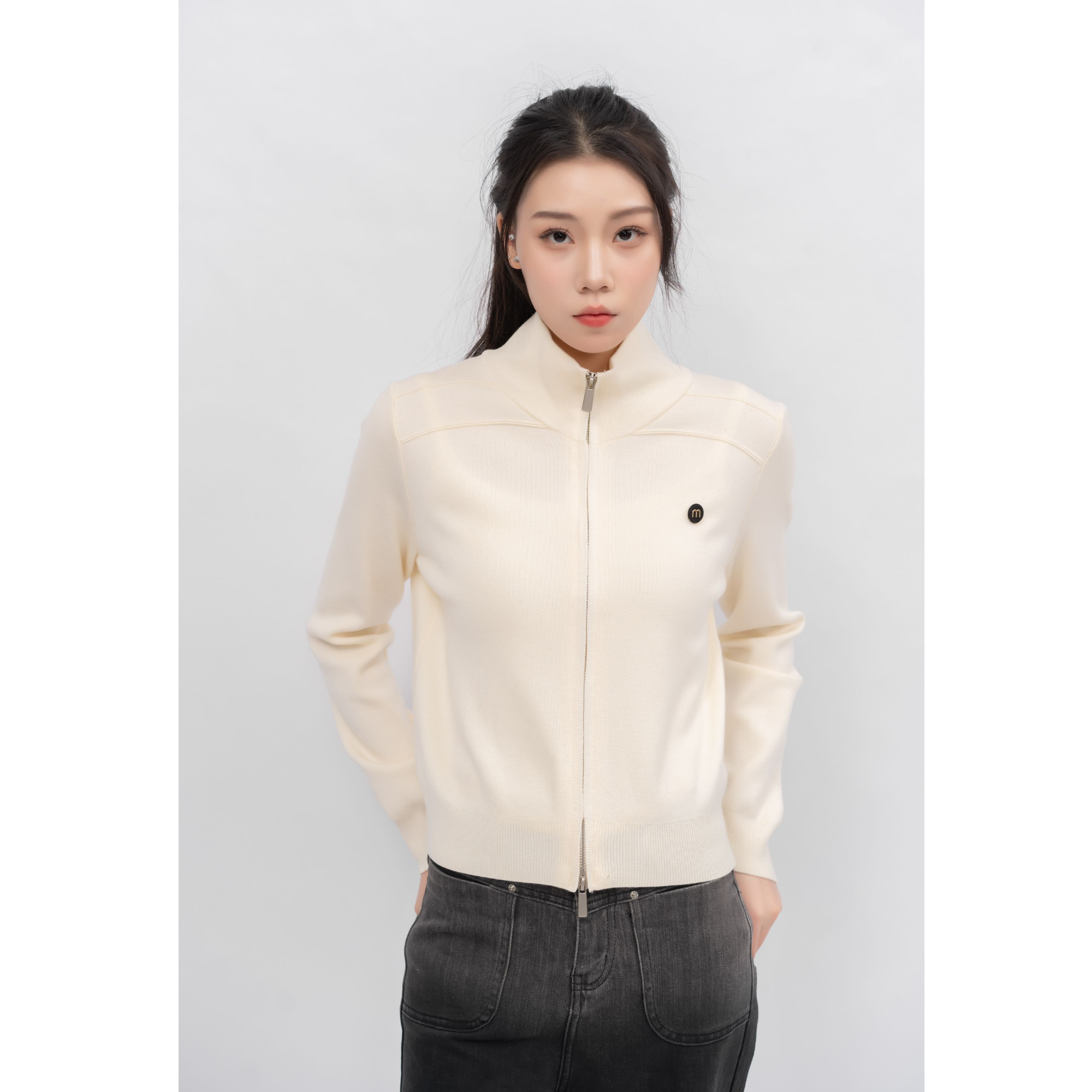 OO&VV针织衫秋冬新款纯色拉链翻领针织上衣女